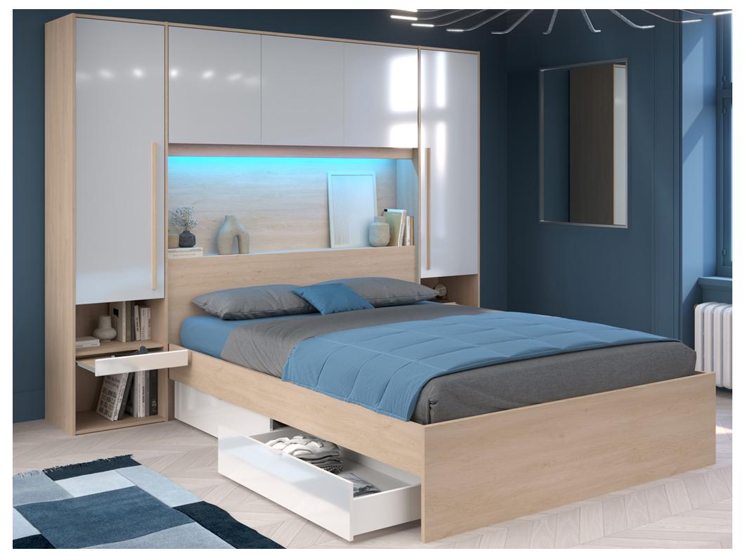 Bed met bedbrug 160 x 200 cm met opbergruimte - Met ledverlichting - Kleur: naturel en glanzend wit + bedbodem - VELONA