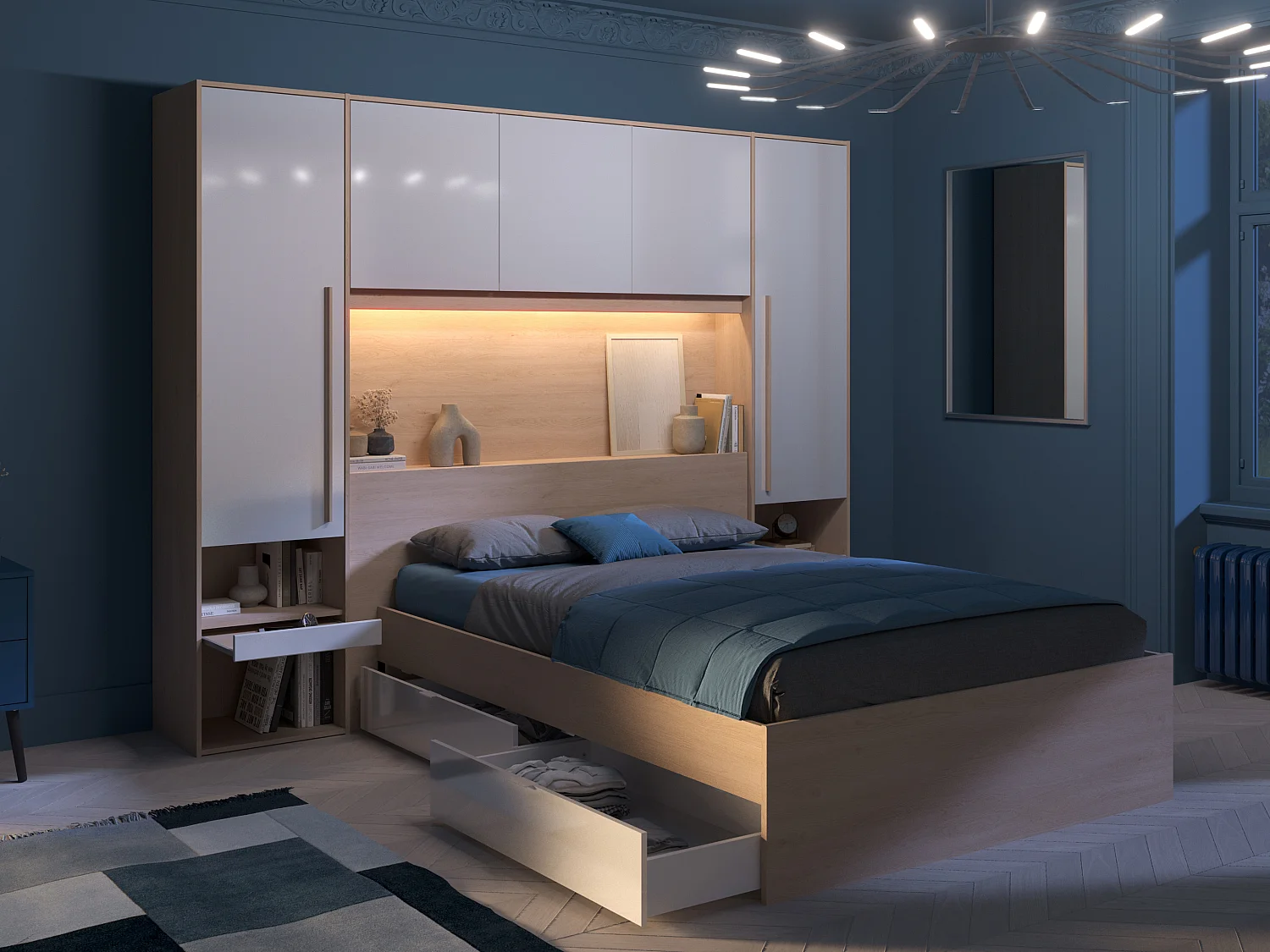 Bed met bedbrug 140 x 190 cm met opbergruimte - Met ledverlichting - Kleur: naturel en glanzend wit + bedbodem + matras - VELONA