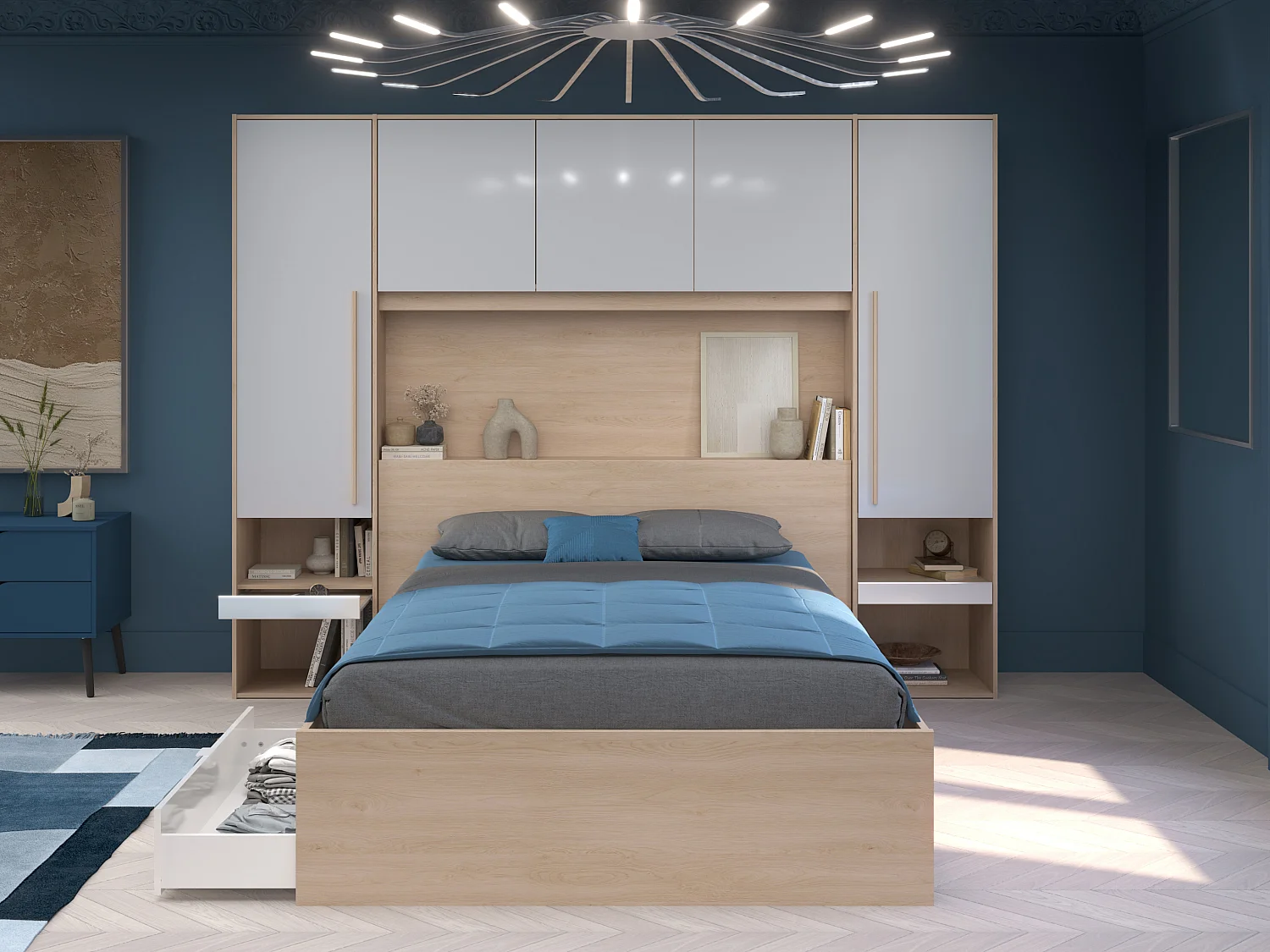 Bed met bedbrug 140 x 190 cm met opbergruimte - Met ledverlichting - Kleur: naturel en glanzend wit + bedbodem + matras - VELONA