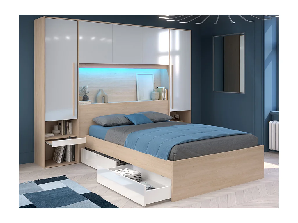 Lit pont 140 x 190 cm avec rangements - avec LEDs - Coloris : Naturel et blanc brillant + Sommier  + Matelas - VELONA