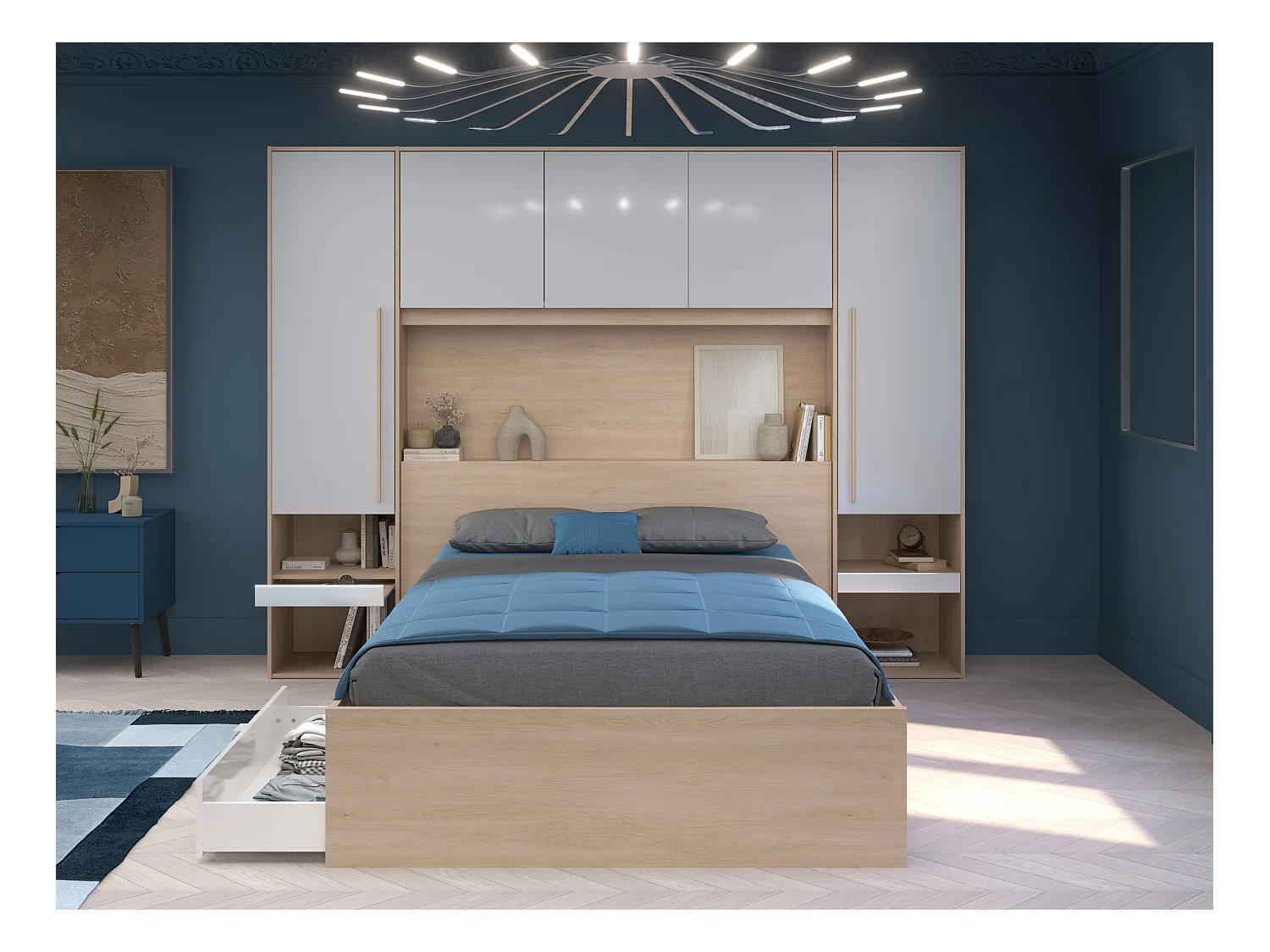 Cama con almacenamiento 140 x 190 cm con luces LED - Color: natural y blanco brillante + Somier + Colchón - VELONA