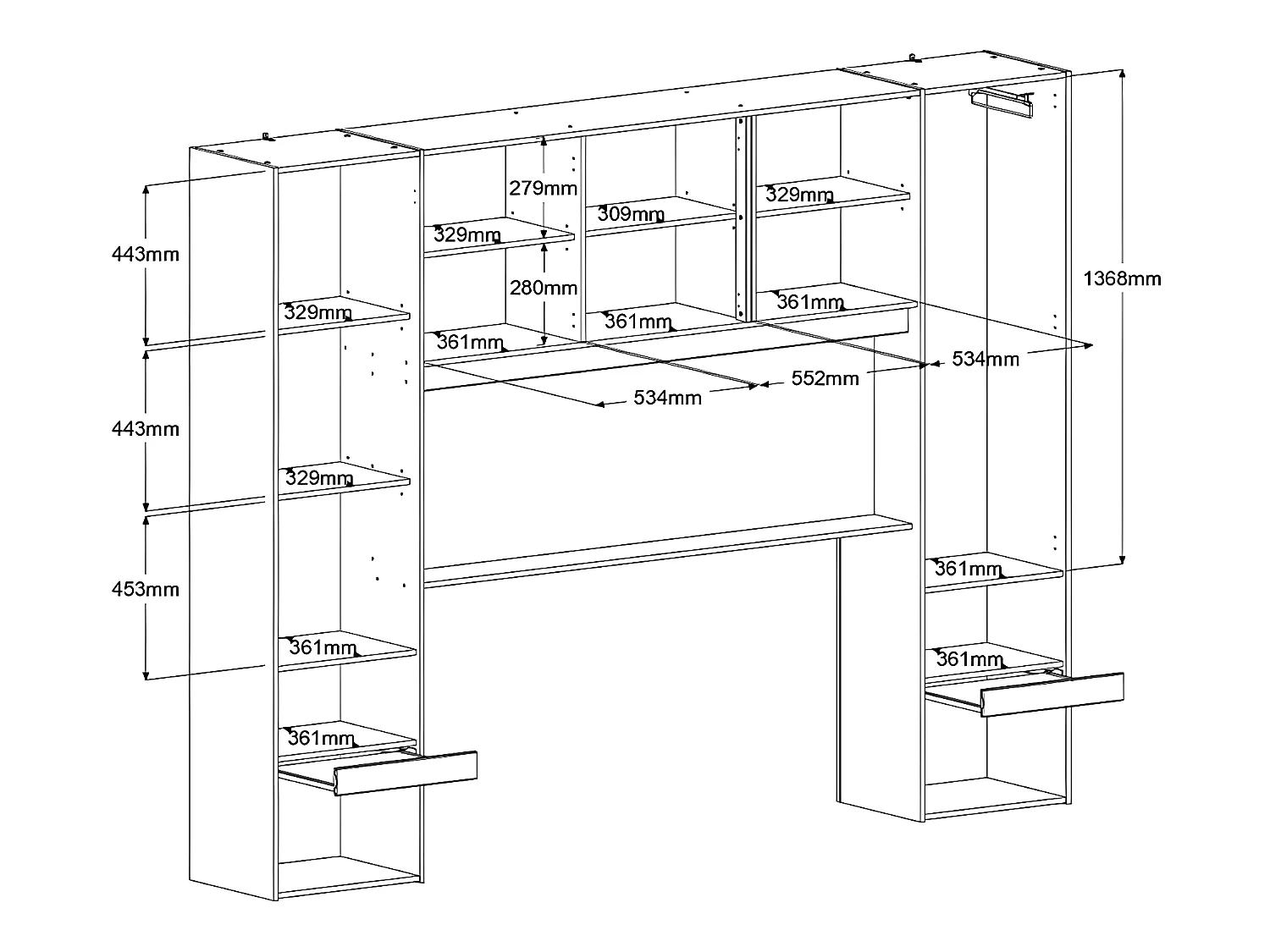 Seng med overskabe med LED-lys 140 x 190 cm i naturfarvet og hvid højglans inklusiv højskabe og sengebund og madras VELONA