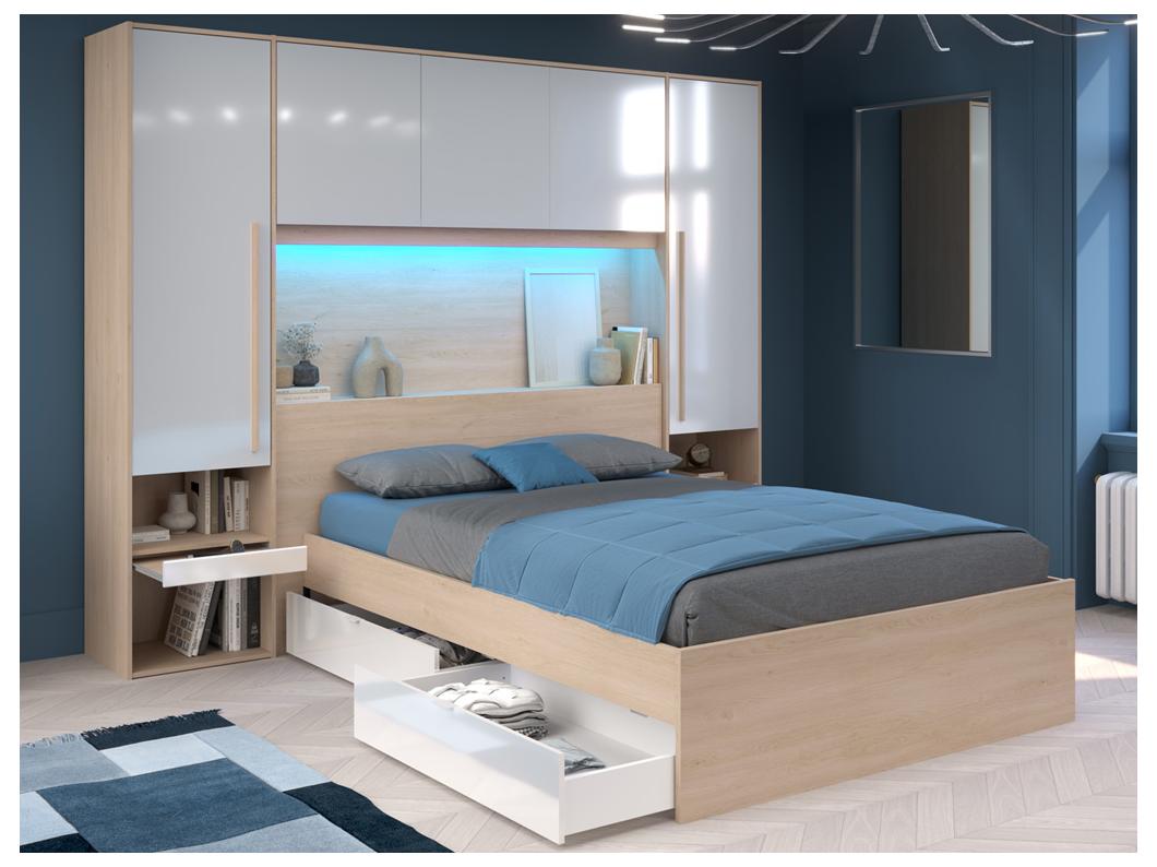 Cama con almacenamiento 140 x 190 cm con luces LED - Color: natural y blanco brillante + Somier + Colchón - VELONA
