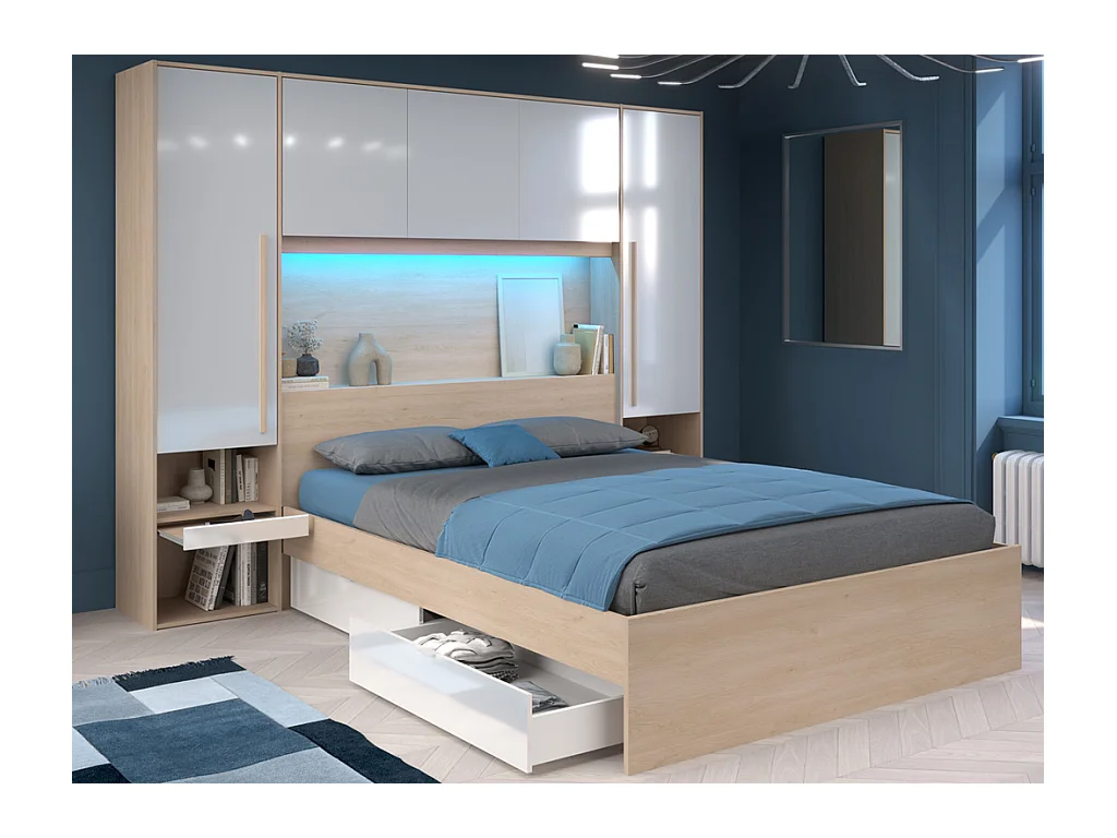 Lit pont 160 x 200 cm avec rangements - avec LEDs - Coloris : Naturel et blanc brillant + Sommier + Matelas - VELONA