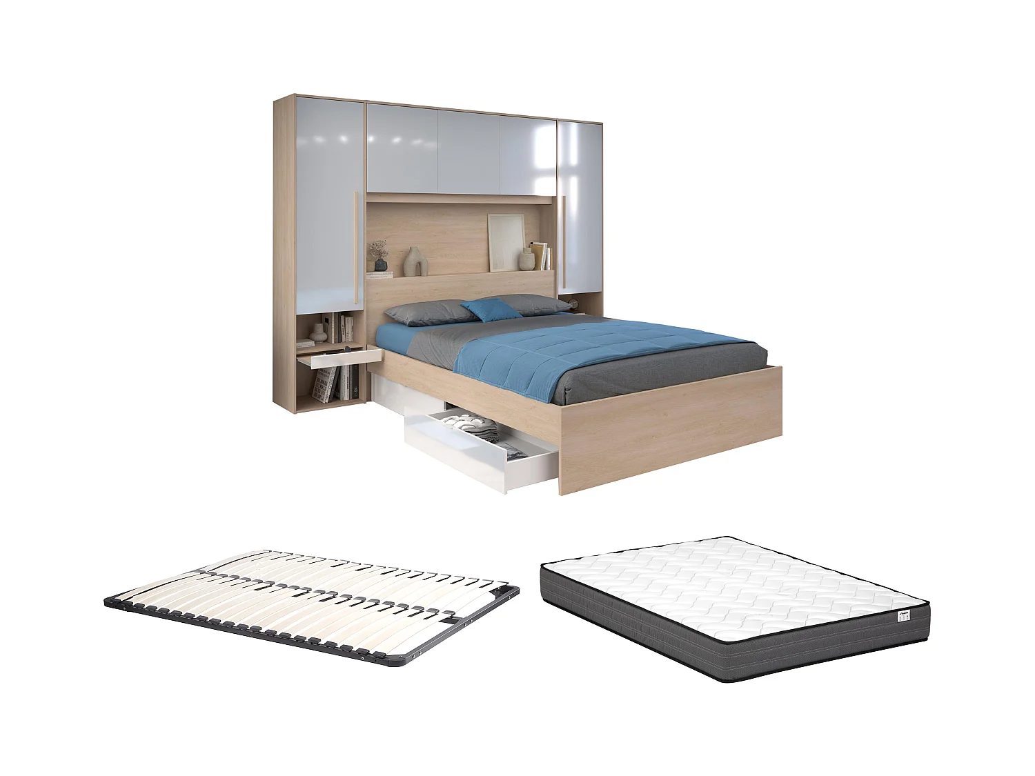 Cama con almacenamiento 160 x 200 cm - con LEDs - Color: natural y blanco brillante + Somier + Colchón - VELONA