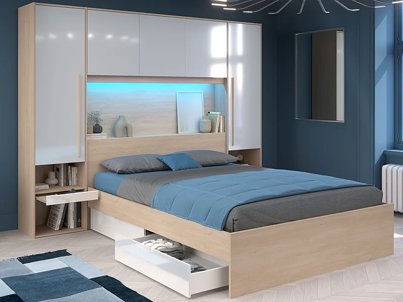 Lit pont 160 x 200 cm avec rangements - avec LEDs - Coloris : Naturel et blanc brillant + Sommier + Matelas - VELONA