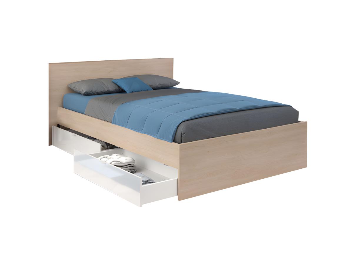 Bett mit 2 Schubladen - 140 x 190 cm - Holzfarben & glänzend weiß - VELONA günstig online kaufen