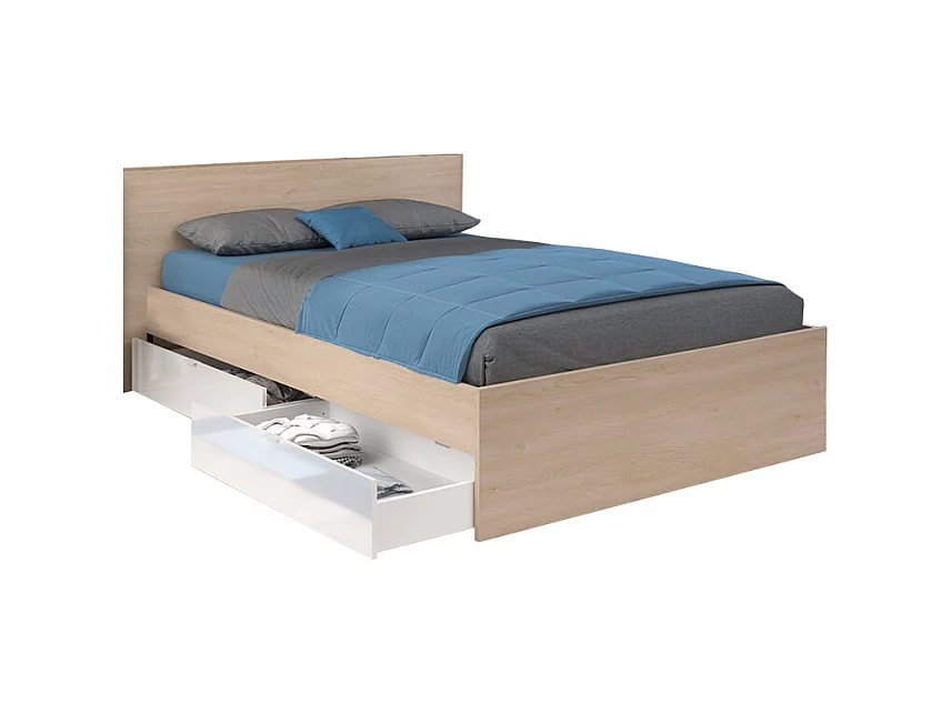 Cama con 2 cajones 140 x 190 cm - Color: natural y blanco brillante - VELONA