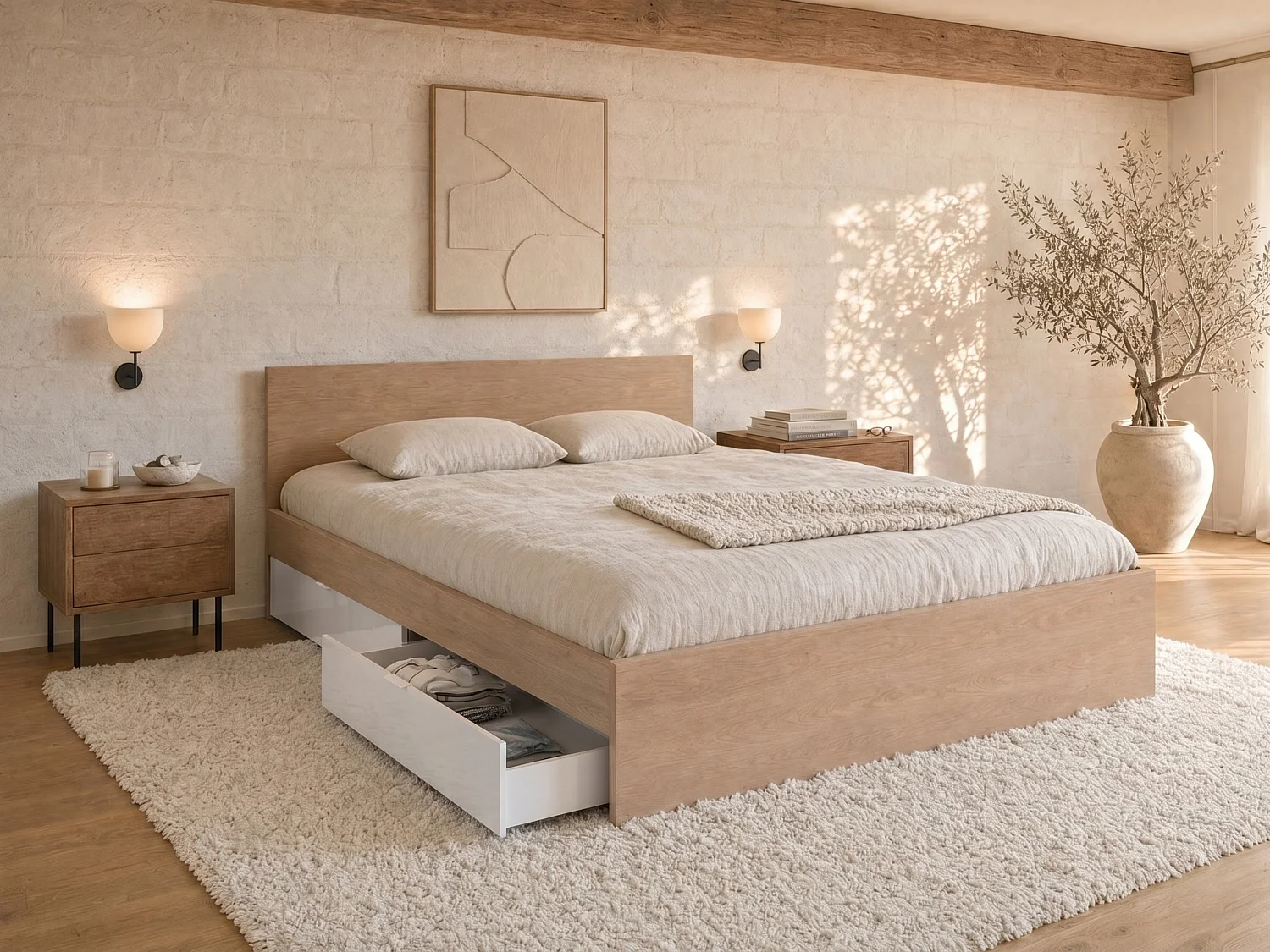 Letto con 2 cassetti 140 x 190 cm Naturale e Bianco lucido - VELONA