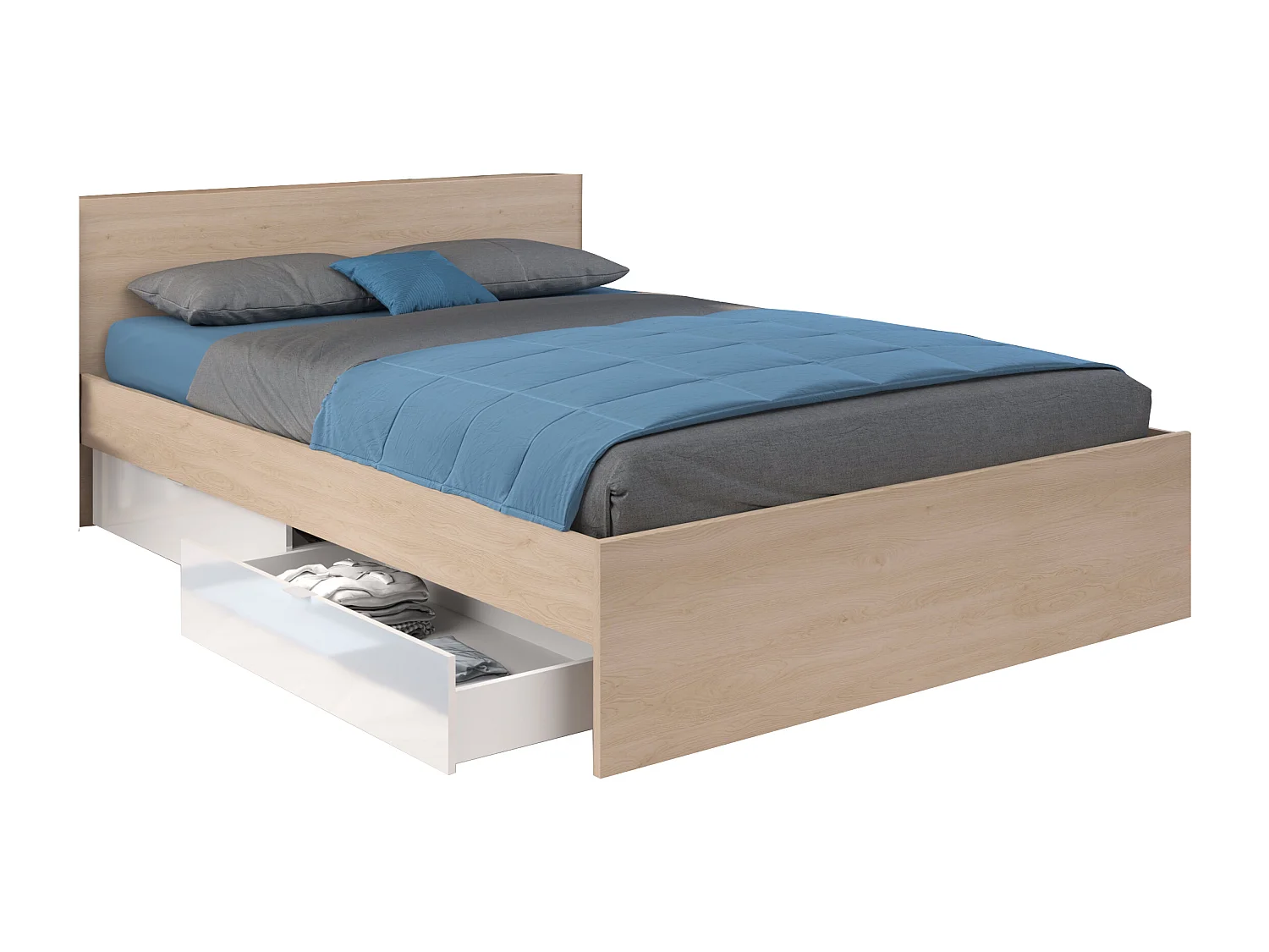 Lit avec 2 tiroirs 160 x 200 cm - Coloris : Naturel et blanc brillant - VELONA