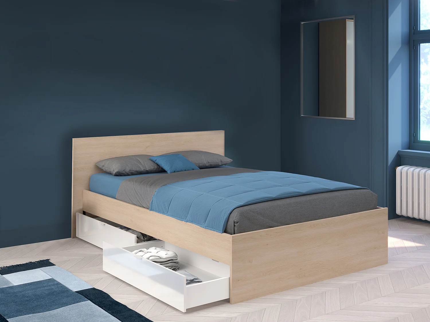 Lit avec 2 tiroirs 140 x 190 cm - Coloris : Naturel et blanc brillant + sommier - VELONA