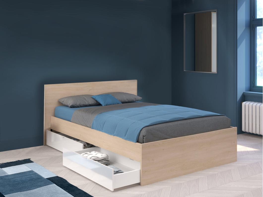 Lit avec 2 tiroirs 140 x 190 cm - Coloris : Naturel et blanc brillant + sommier - VELONA