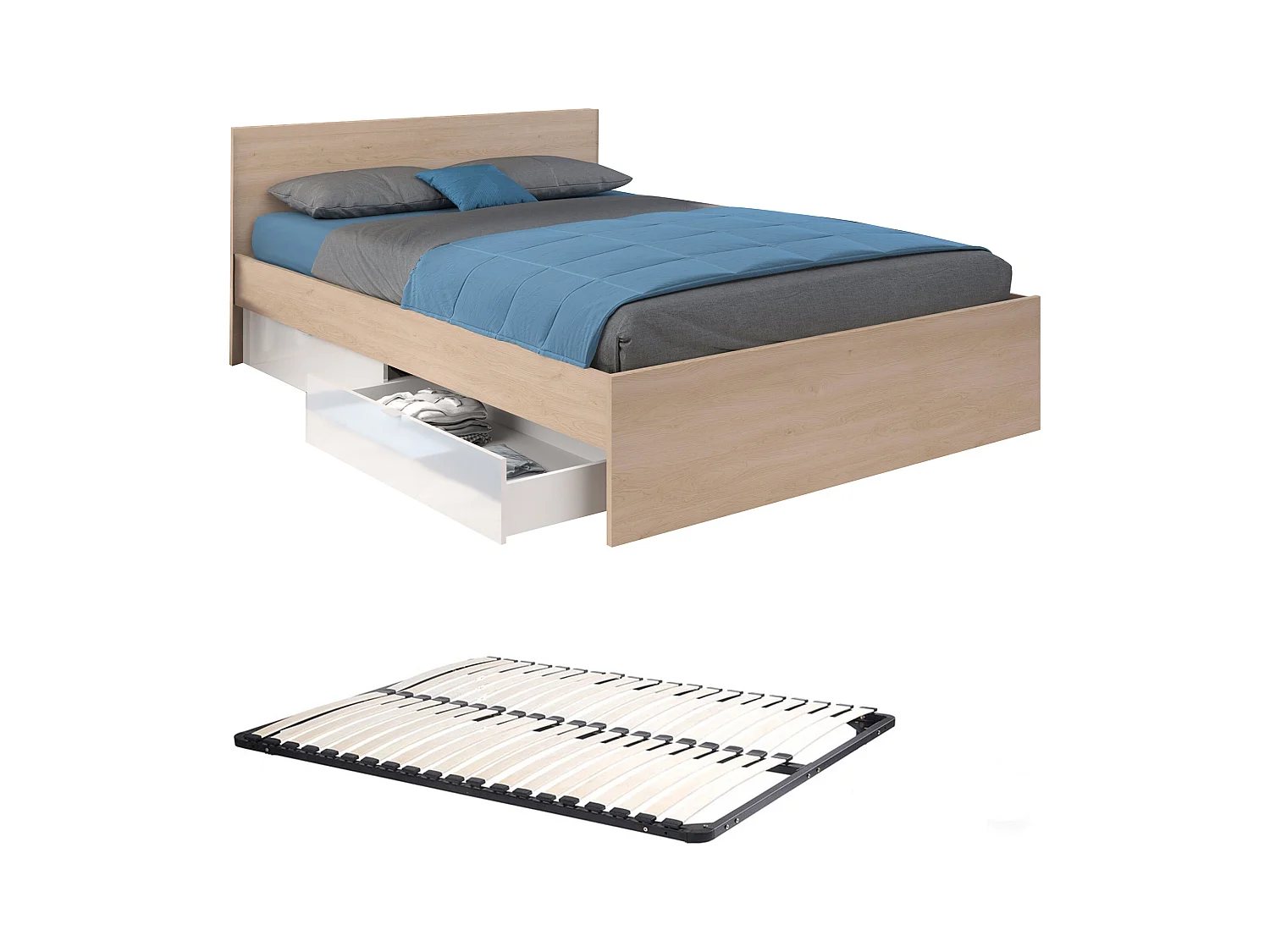 Bed met 2 laden 160 x 200 cm - Kleur: naturel en glanzend wit + lattenbodem - VELONA