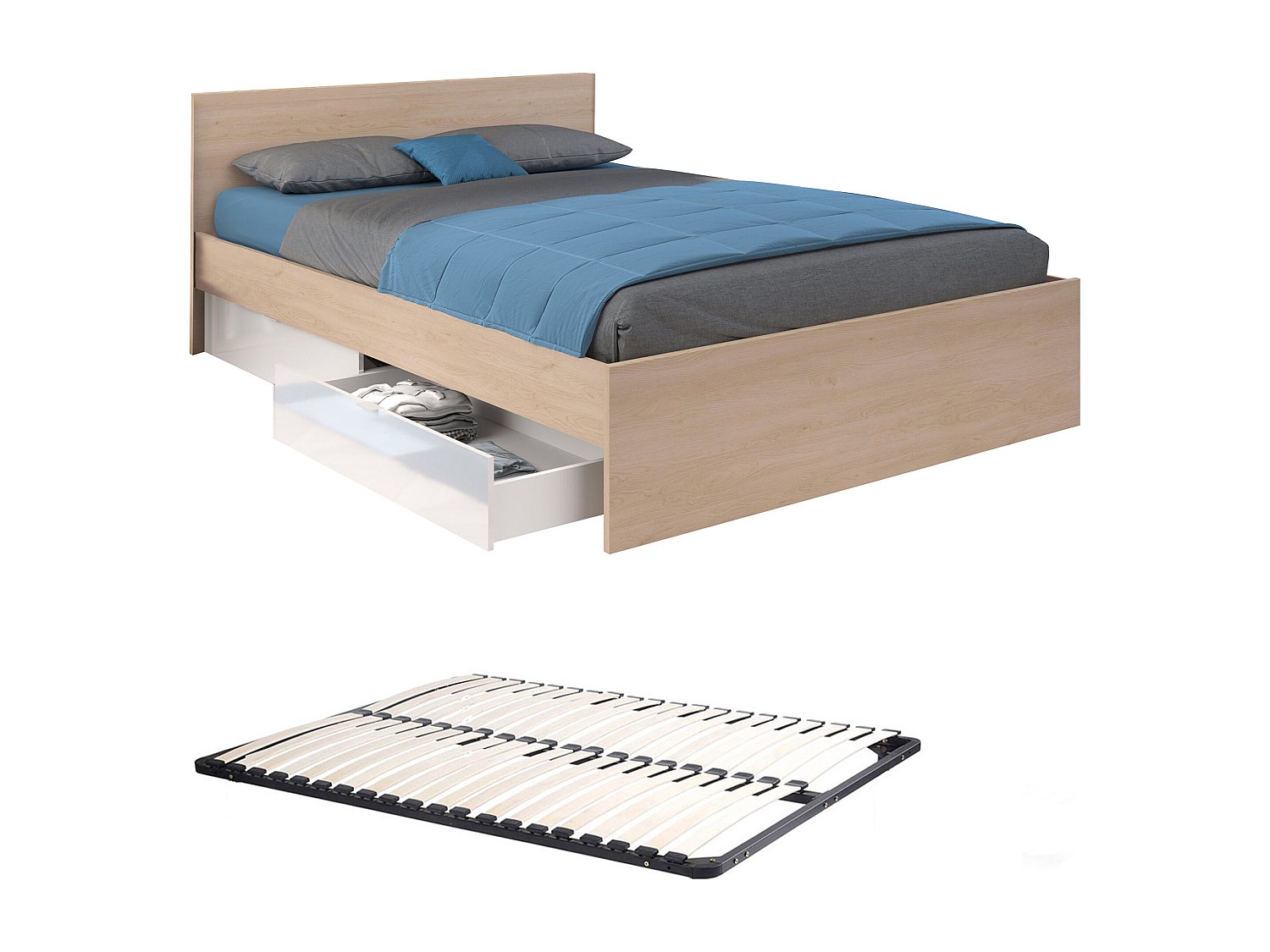 Bett mit 2 Schubladen + Lattenrost - 160 x 200 cm - Holzfarben & glänzend w günstig online kaufen