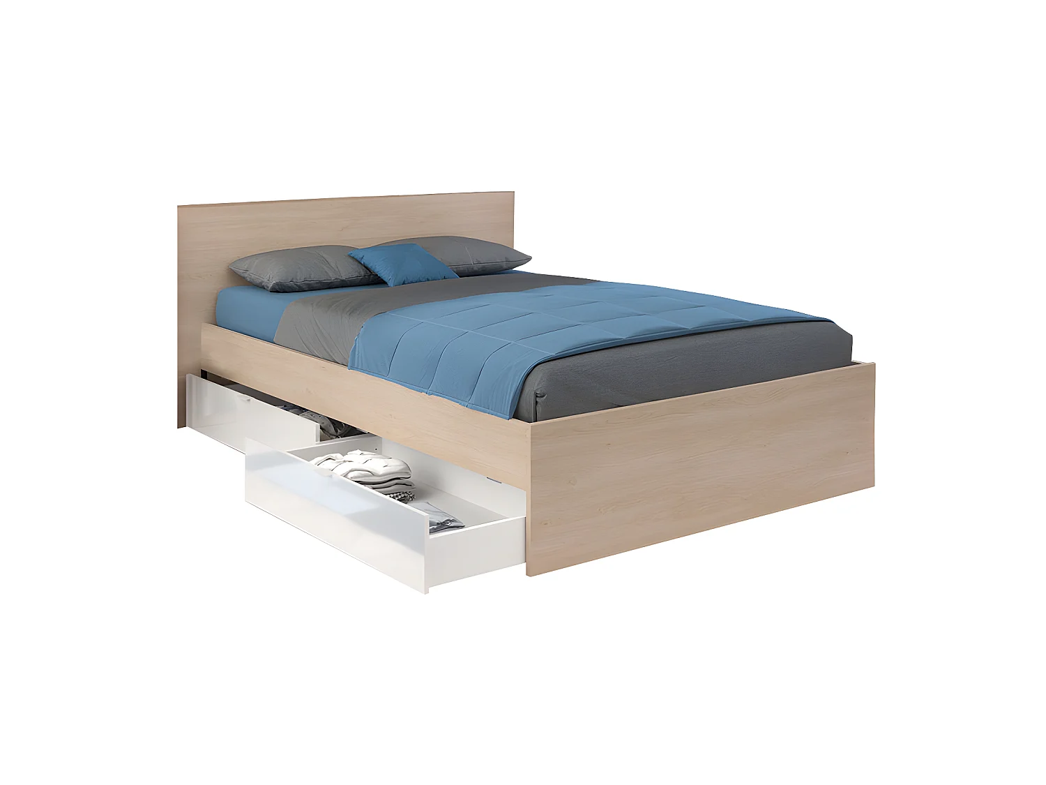 Lit avec 2 tiroirs 140 x 190 cm - Coloris : Naturel et blanc brillant + Sommier + Matelas - VELONA