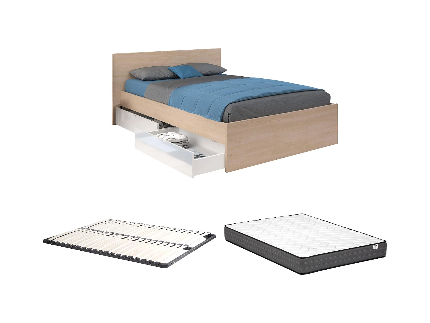 Lit avec 2 tiroirs 140 x 190 cm - Coloris : Naturel et blanc brillant + Sommier + Matelas - VELONA