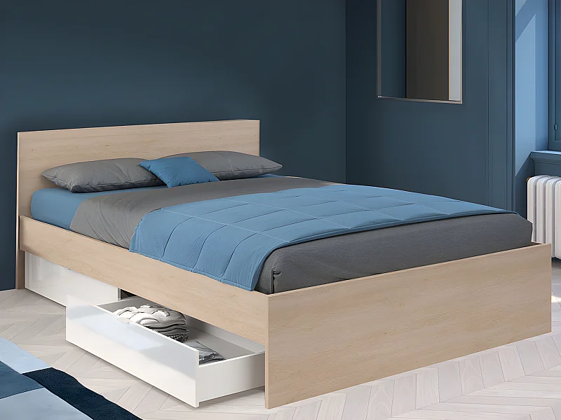 Lit avec 2 tiroirs 160 x 200 cm - Coloris : Naturel et blanc brillant + Sommier + Matelas - VELONA