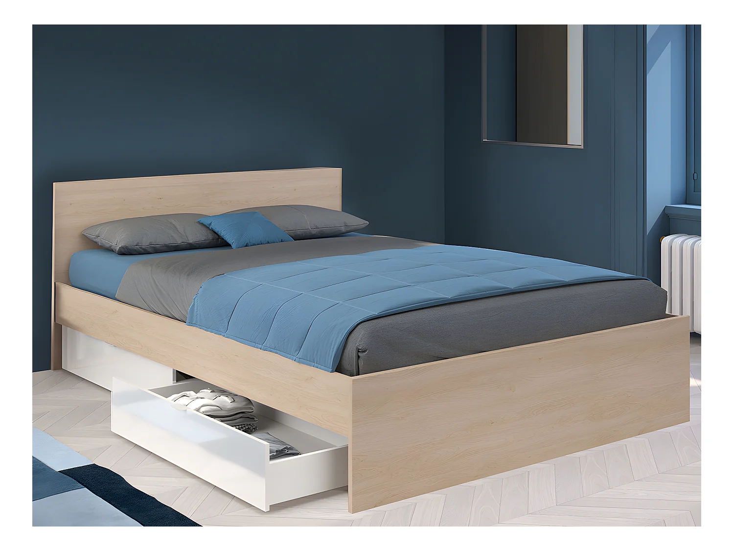 Bett mit 2 Schubladen 160 x 200 cm + Lattenrost + Matratze - Holzfarben & glänzend weiß - VELONA