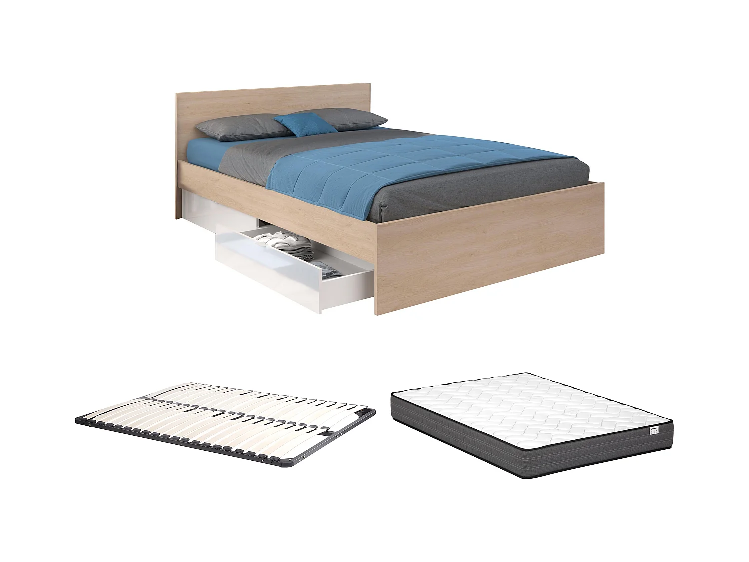 Lit avec 2 tiroirs 160 x 200 cm - Coloris : Naturel et blanc brillant + Sommier + Matelas - VELONA