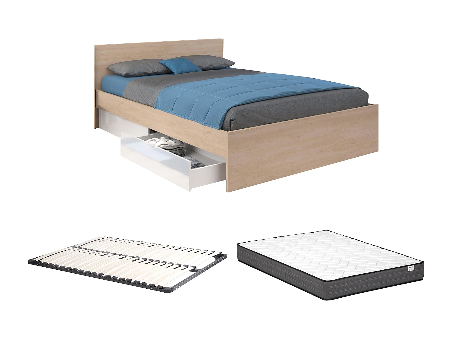 Lit avec 2 tiroirs 160 x 200 cm - Coloris : Naturel et blanc brillant + Sommier + Matelas - VELONA
