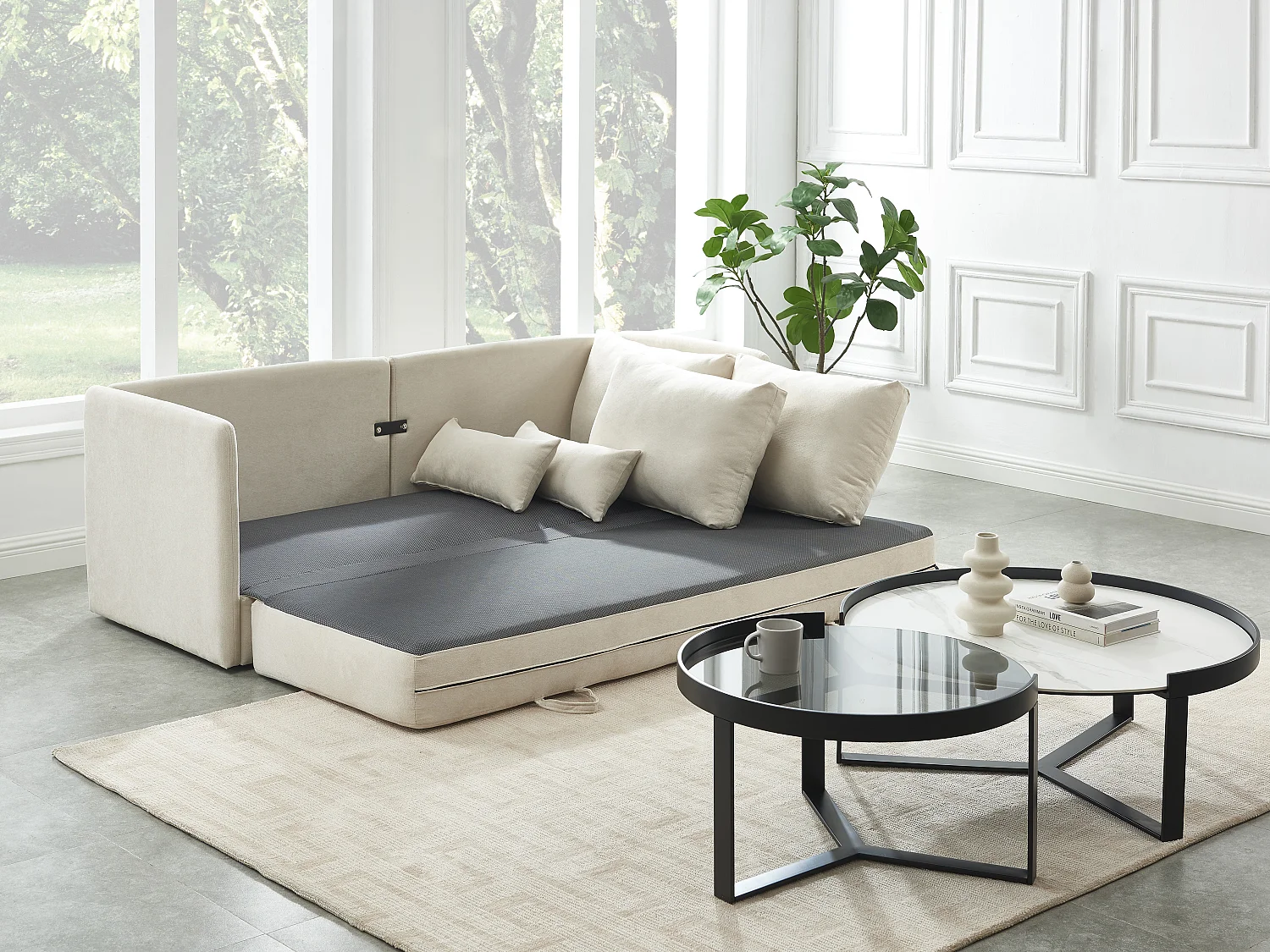 Slaapbank met 3 zitplaatsen en beige stoffen bekleding – GRECCO