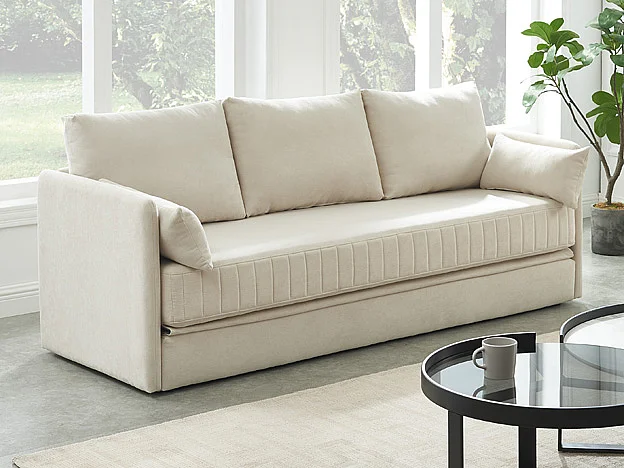 Slaapbank met 3 zitplaatsen en beige stoffen bekleding – GRECCO