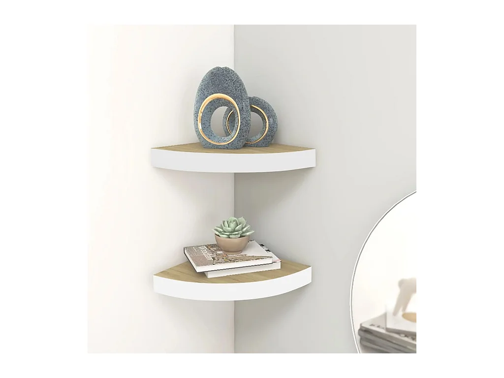 Hoekwandschappen 2 st 35x35x3,8 cm MDF eikenkleurig en wit