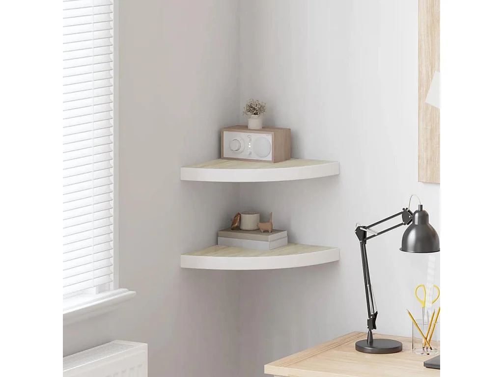 Étagères d'angle murales 2 pcs Chêne et blanc 35x35x3,8 cm MDF