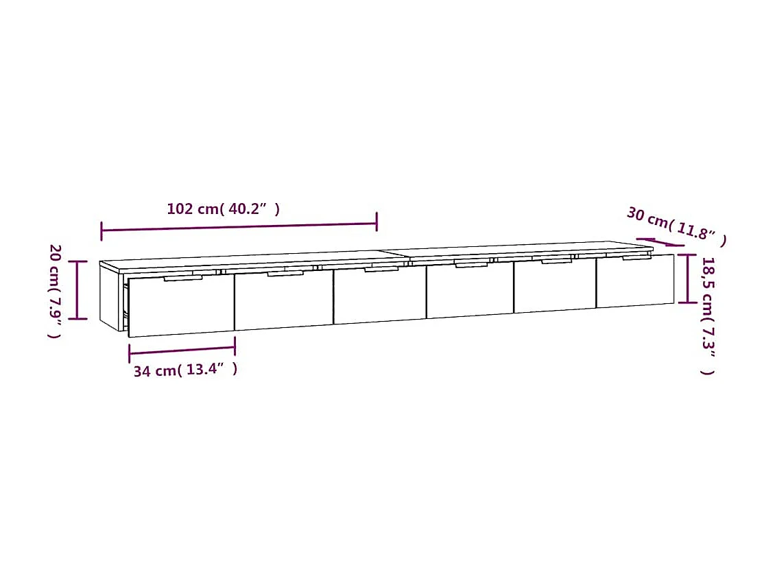 Wandkasten 2 st 102x30x20 cm bewerkt hout sonoma eikenkleurig