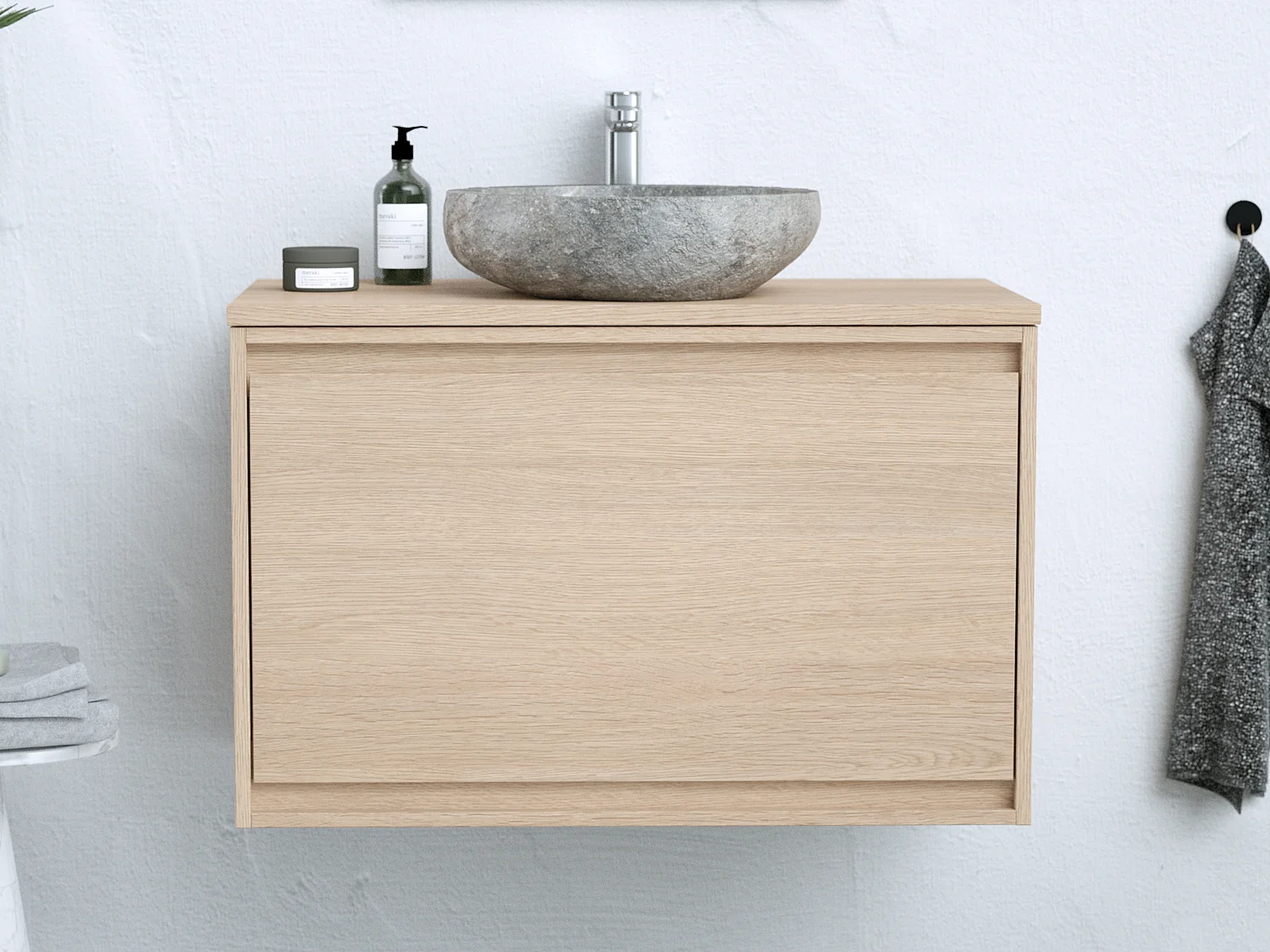 Meuble de salle de bain suspendu avec vasque à poser en pierre - Placage chêne - 80 cm - MESLIVA