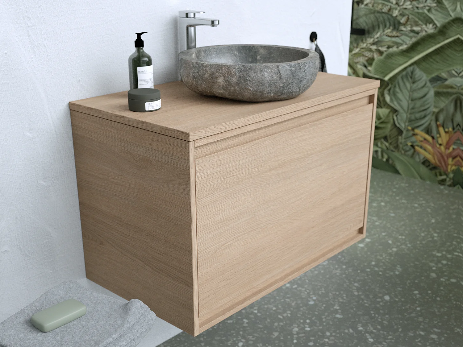 Meuble de salle de bain suspendu avec vasque à poser en pierre - Placage chêne - 80 cm - MESLIVA