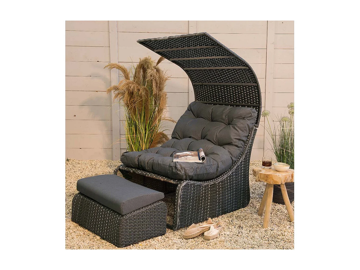 Lit extérieur pour jardin en résine tressée gris Siesta - Jardideco