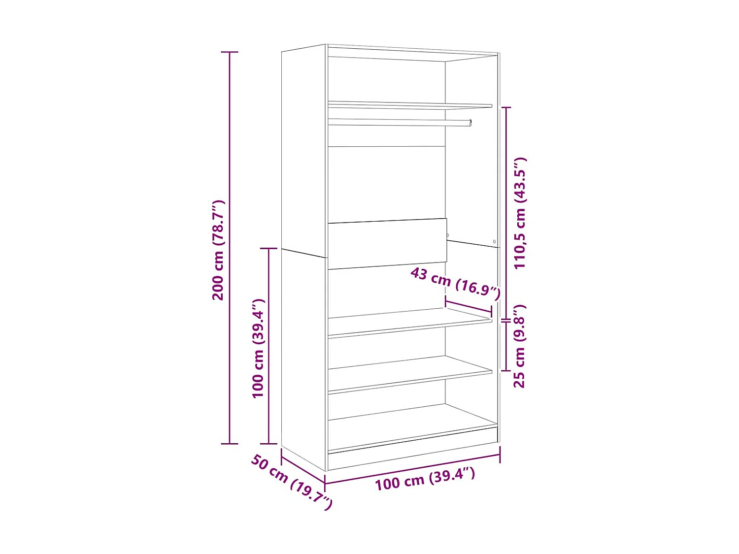 Kledingkast 100x50x200 cm bewerkt hout grijs sonoma eikenkleur