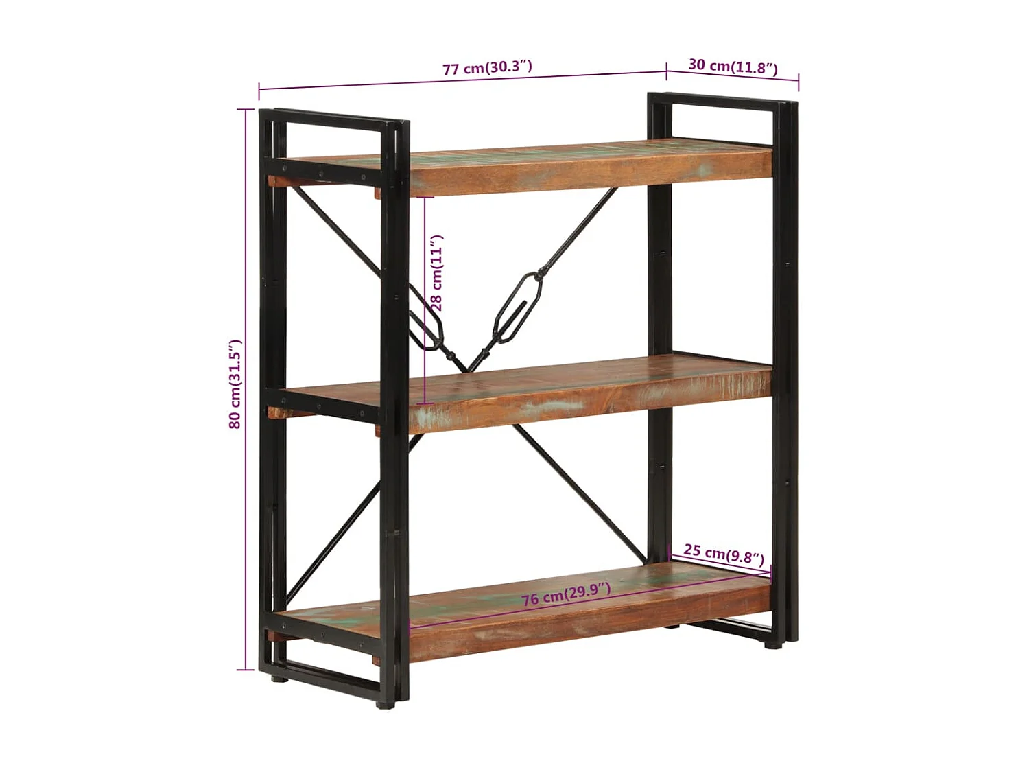 Bibliothèque 3 niveaux 77x30x80 cm bois récupération massif/fer