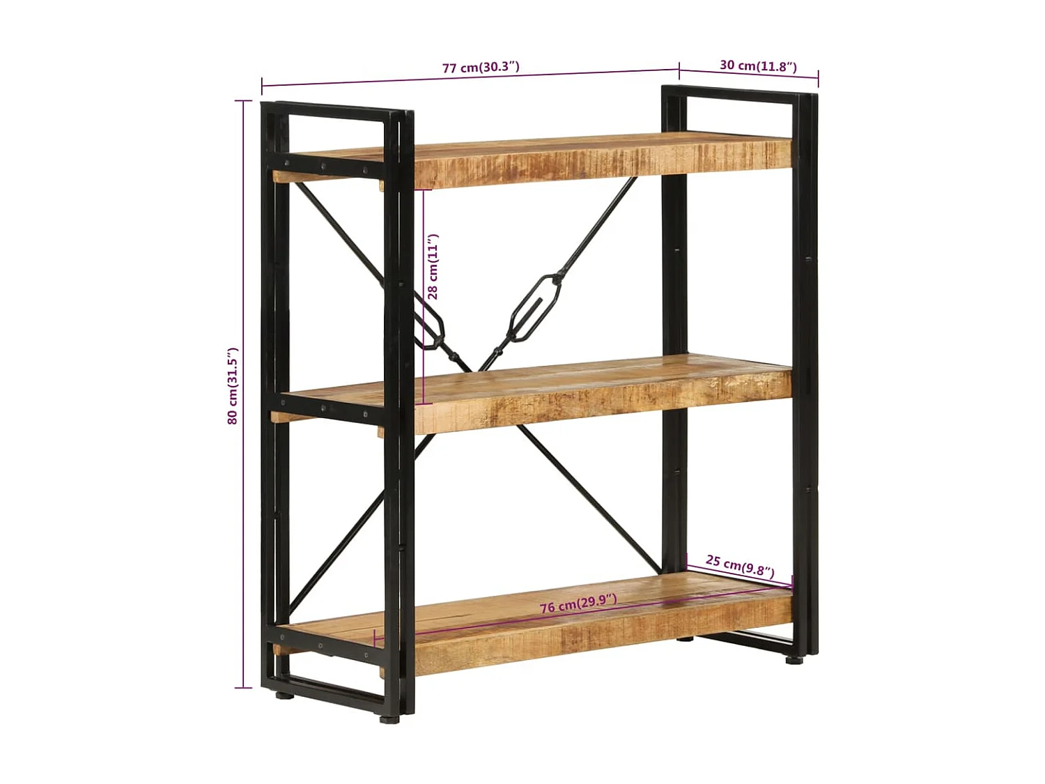 Bibliothèque 3 niveaux 77x30x80 cm bois massif manguier et fer