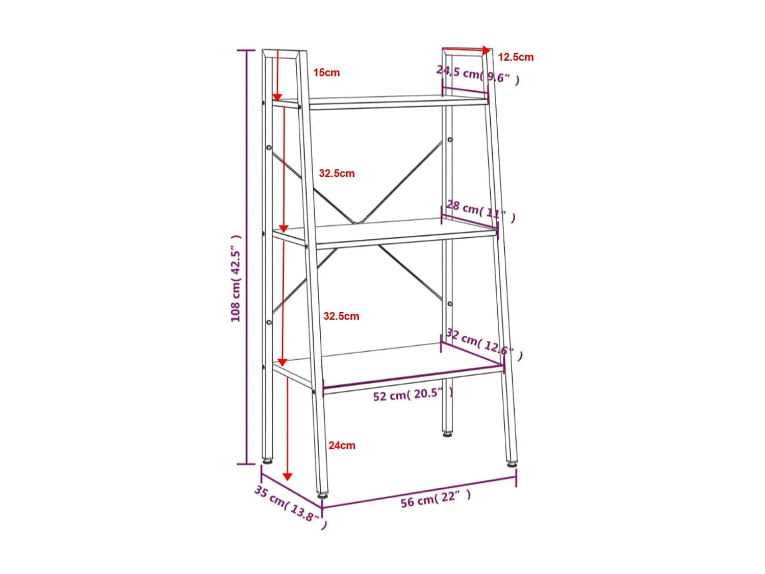 Standregal mit 3 Böden Dunkelbraun und Schwarz 56x35x108 cm