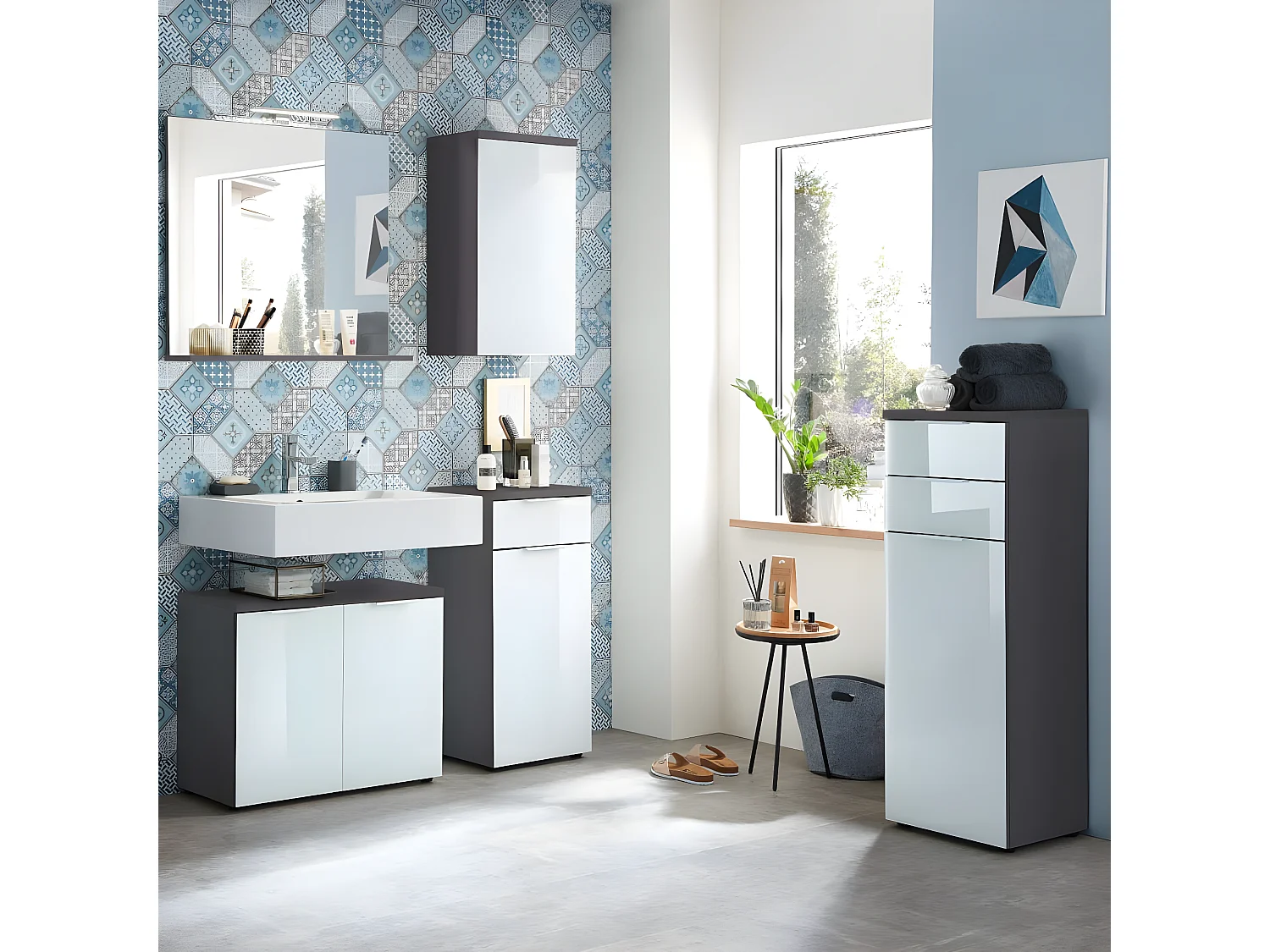 Armoire de sol de salle de bain GW-Pescara Blanc et graphite
