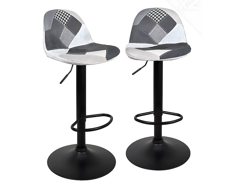 Lot 2 tabourets de bar design siège rembourré patchwork tissu pivotant hauteur réglable SIG (gris)