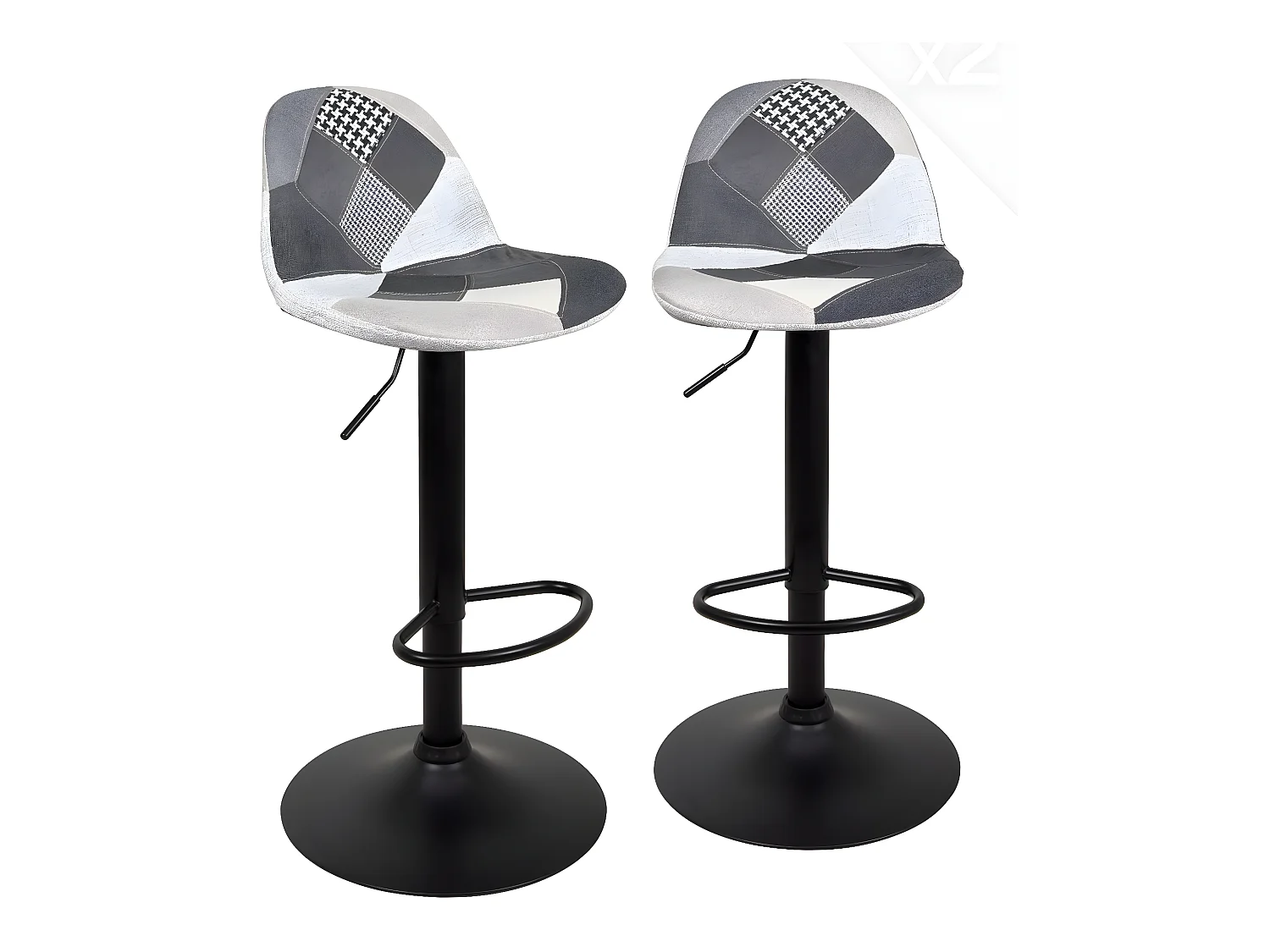 Lot 2 tabourets de bar design siège rembourré patchwork tissu pivotant hauteur réglable SIG (gris)