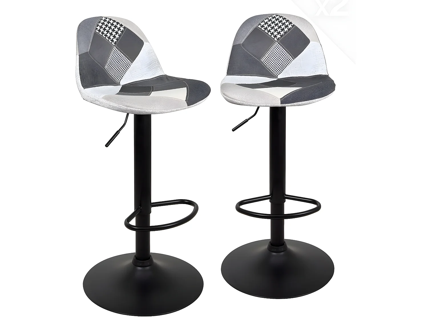 Lote de 2 taburetes de bar de diseño, asiento acolchado patchwork multicolor de tela, giratorio, altura ajustable SIG (patchwork gris)