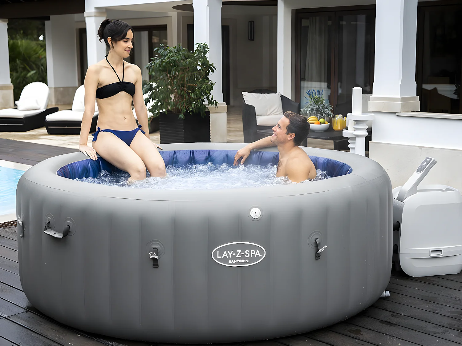 Spa Hinchable Bestway Lay-Z-Spa Santorini 216×80 cm para 7 Personas con Hydrojet, Luz LED, Cobertor y Almohadas