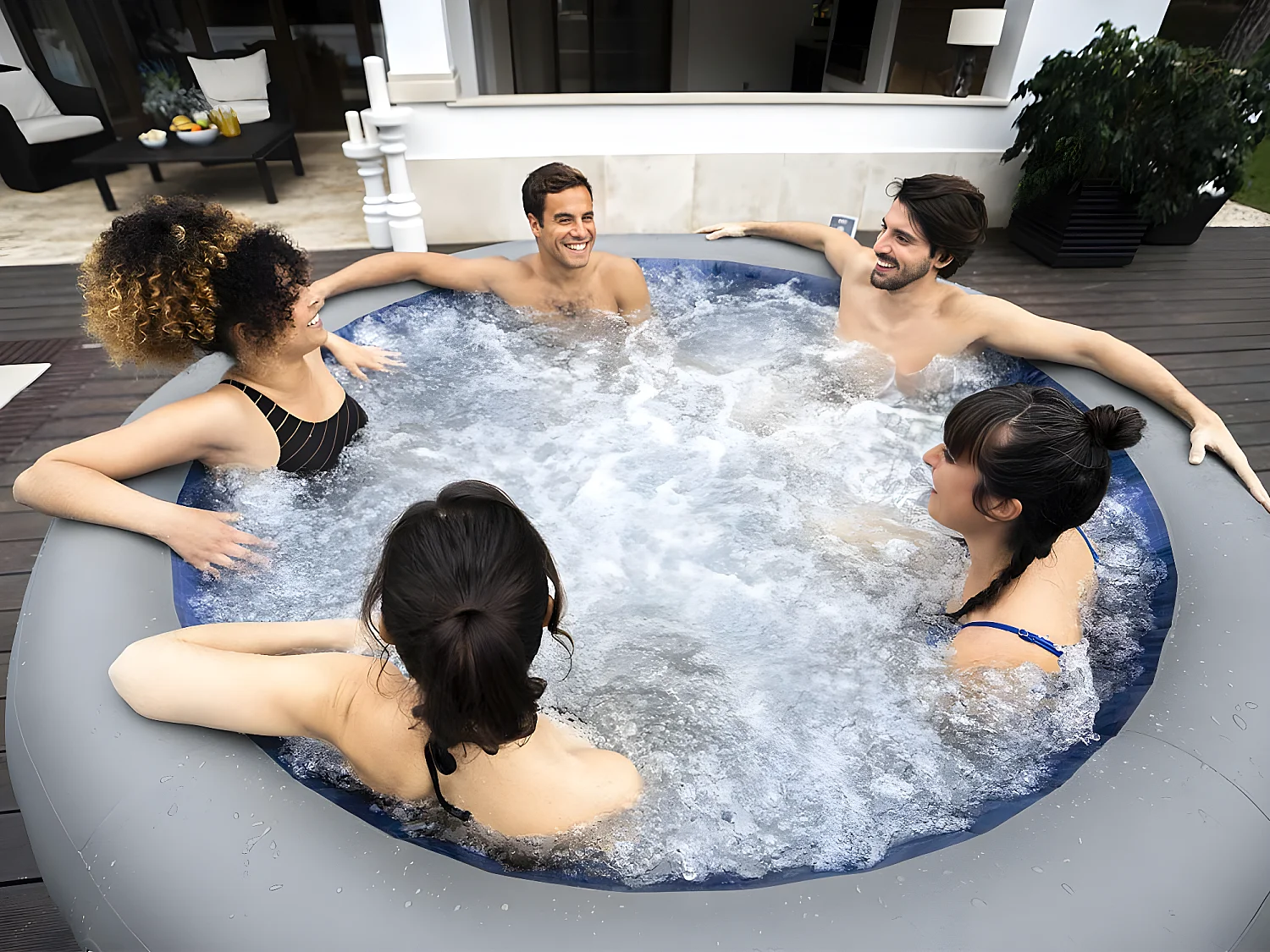 Spa Hinchable Bestway Lay-Z-Spa Santorini 216×80 cm para 7 Personas con Hydrojet, Luz LED, Cobertor y Almohadas