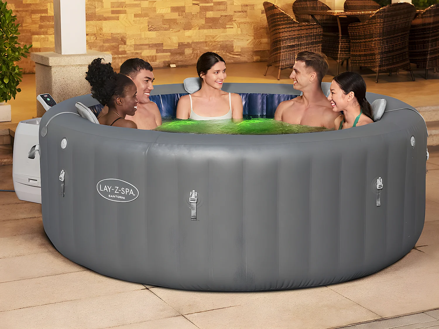 Spa Hinchable Bestway Lay-Z-Spa Santorini 216×80 cm para 7 Personas con Hydrojet, Luz LED, Cobertor y Almohadas