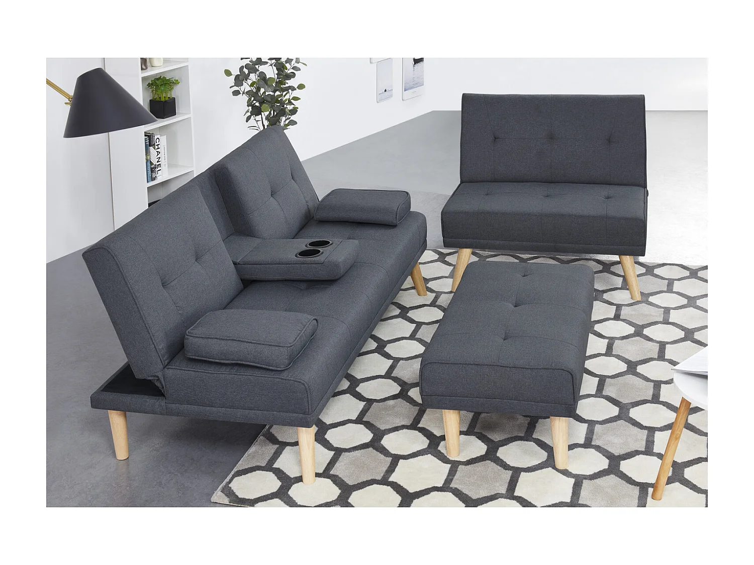 Scandinavische converteerbare en modulaire 5-zitsbank in grijze stof STOCKHOLM