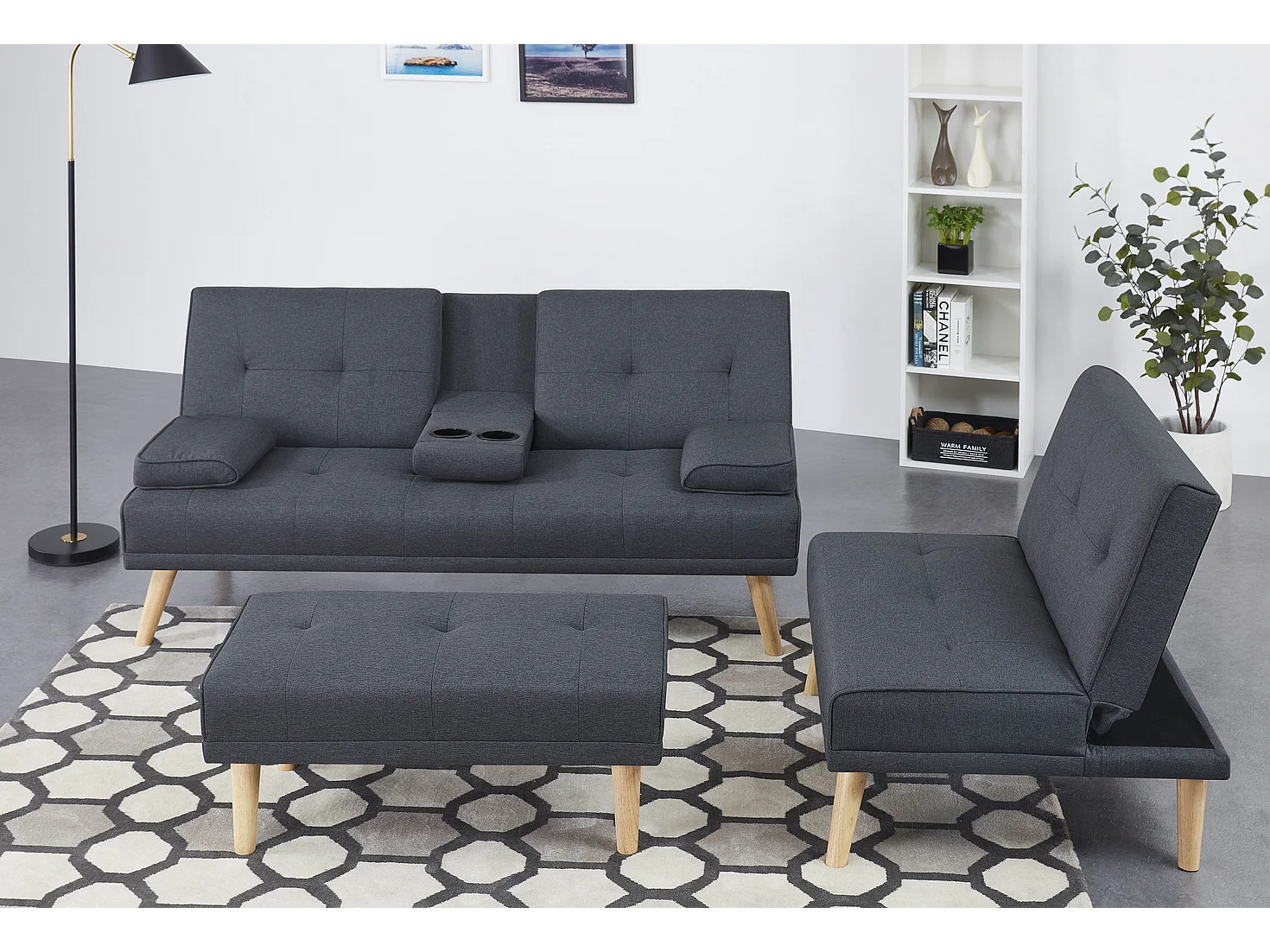 Canapé scandinave convertible 5 places en tissu gris STOCKHOLM