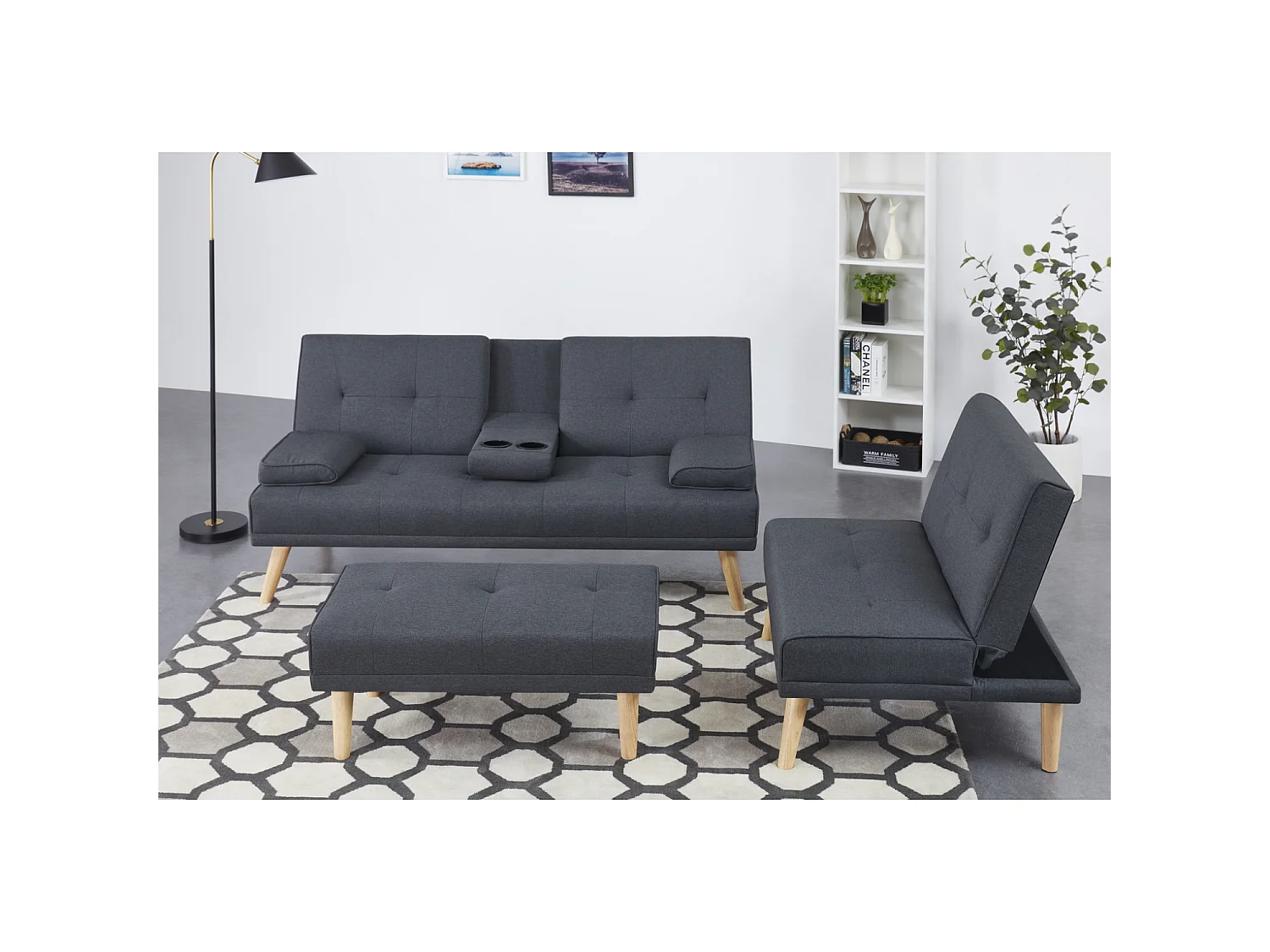 Canapé scandinave convertible 5 places en tissu gris STOCKHOLM