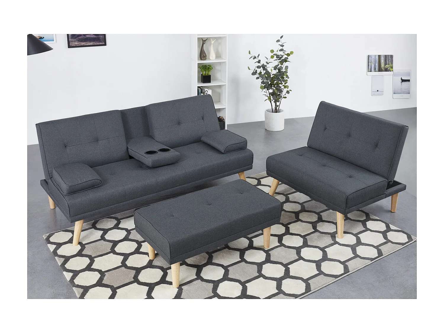 Canapé scandinave convertible 5 places en tissu gris STOCKHOLM