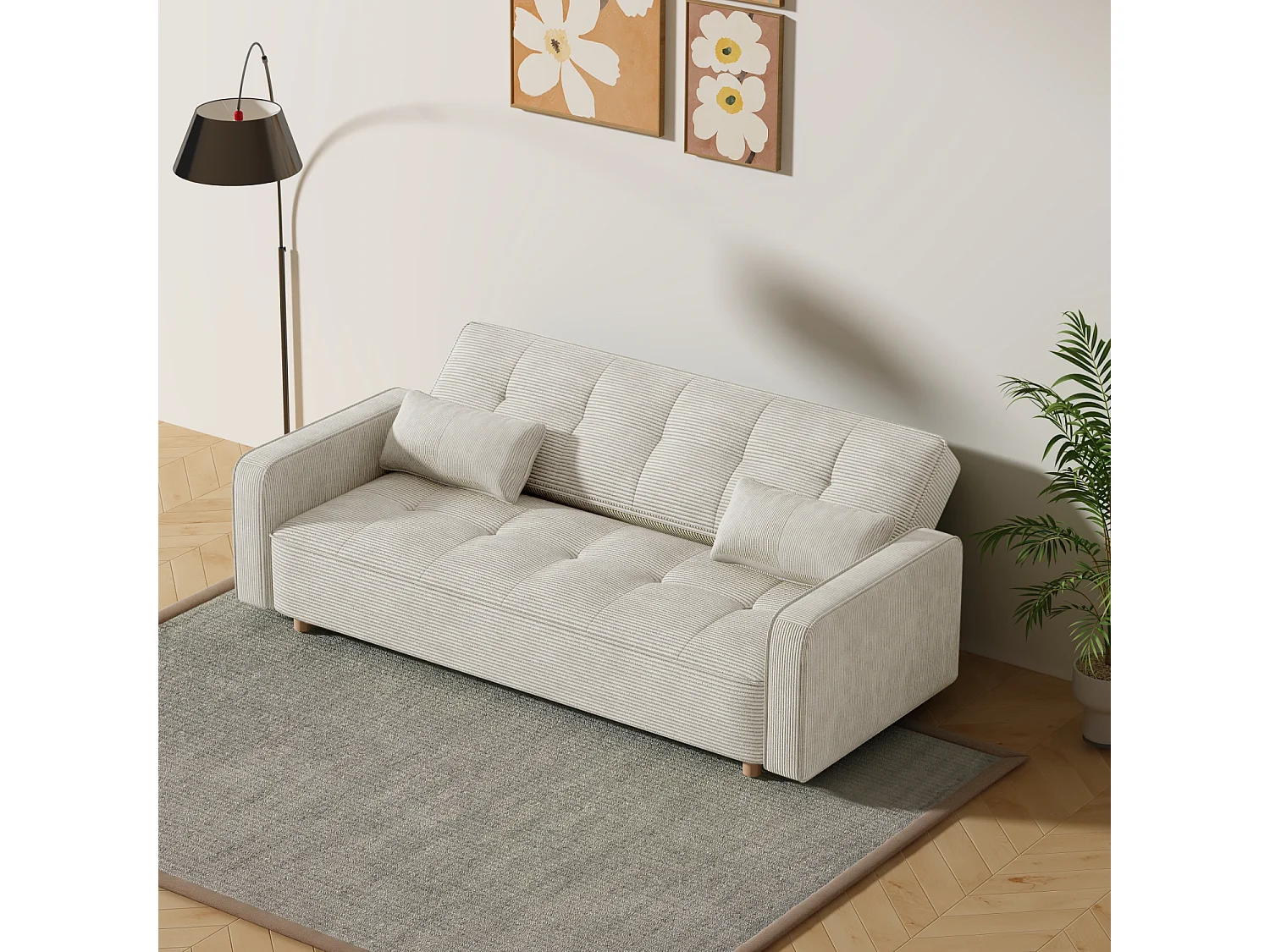 Canapé scandinave convertible 3 places en velours côtelé beige COPENHAGUE