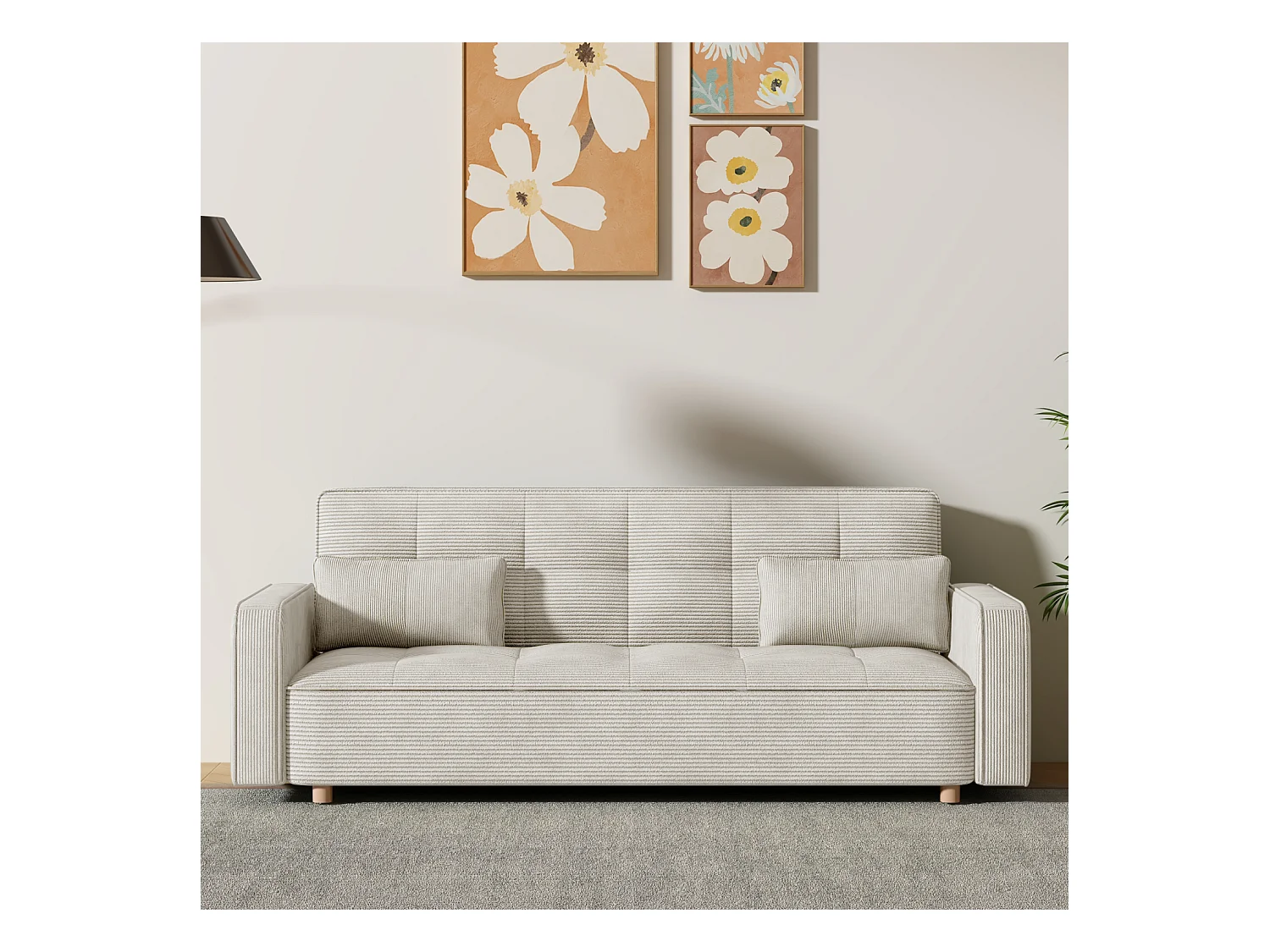 Canapé scandinave convertible 3 places en velours côtelé beige COPENHAGUE