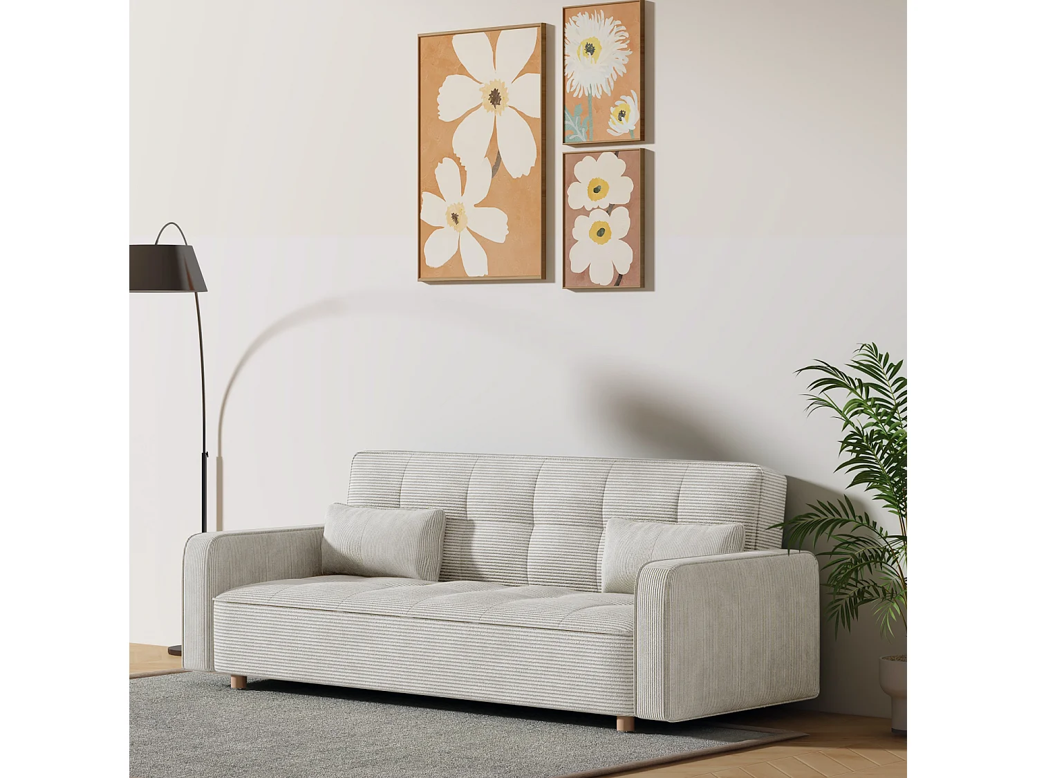 Canapé scandinave convertible 3 places en velours côtelé beige COPENHAGUE